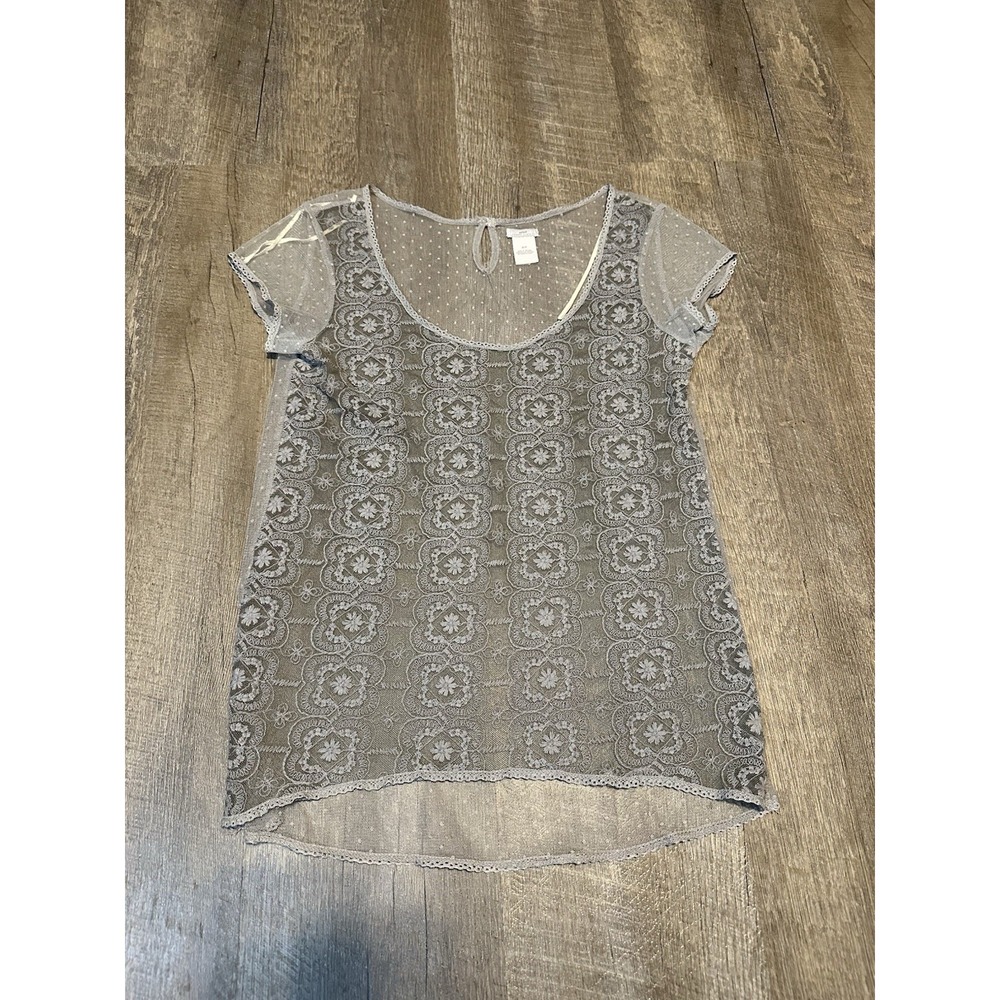 Aerie Pretty Luxuries Gray Mesh Polka Dot Embroidered Top - Size Medium